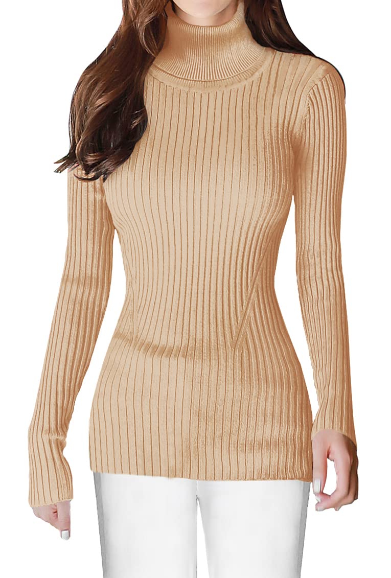 v28 Women Stretchable Turtleneck Knit Long Sleeve Slim Fit Sweater (M,Khaki) - Image 1